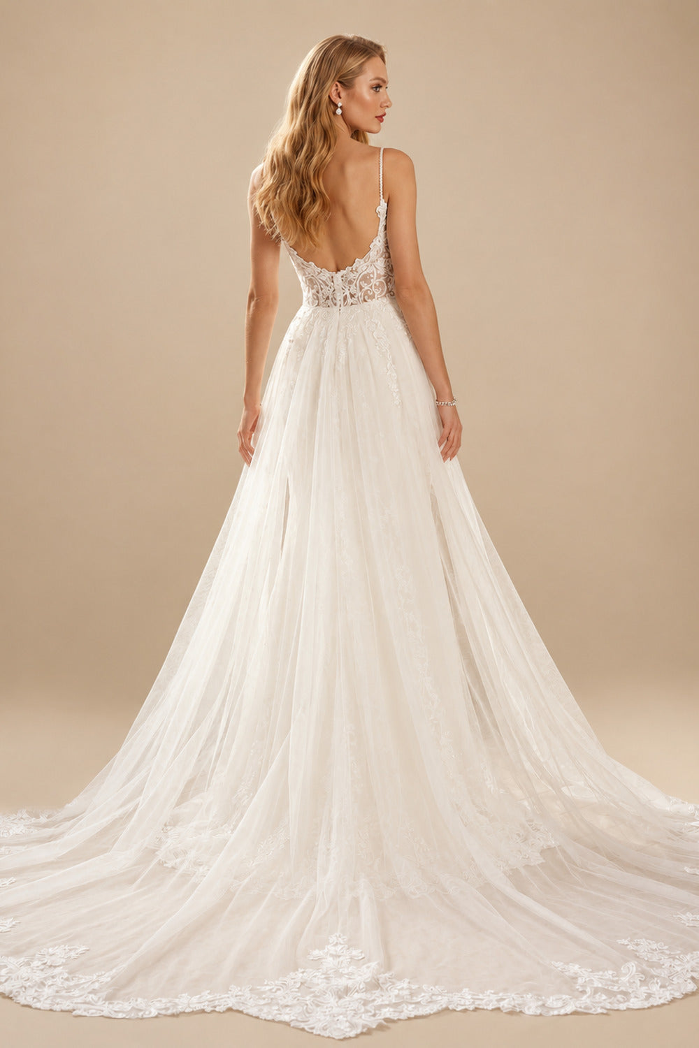 Rutipo Ivory Elegant Trumpet V-Neck Detachable Train Satin Wedding Dresses With Appliques Lace