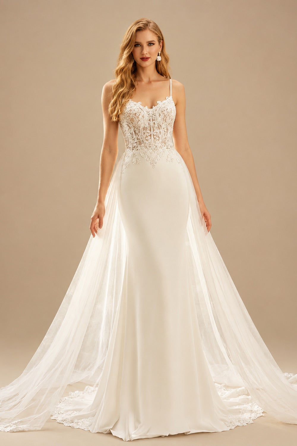 Rutipo Ivory Elegant Trumpet V-Neck Detachable Train Satin Wedding Dresses With Appliques Lace