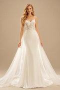 Rutipo Ivory Elegant Trumpet V-Neck Detachable Train Satin Wedding Dresses With Appliques Lace