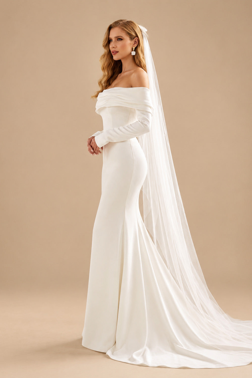 Rutipo Ivory Modest Trumpet Off-The-Shoulder Long Sleeves Wedding Dresses With High Split