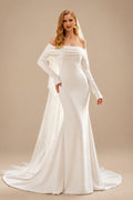 Rutipo Ivory Modest Trumpet Off-The-Shoulder Long Sleeves Wedding Dresses With High Split