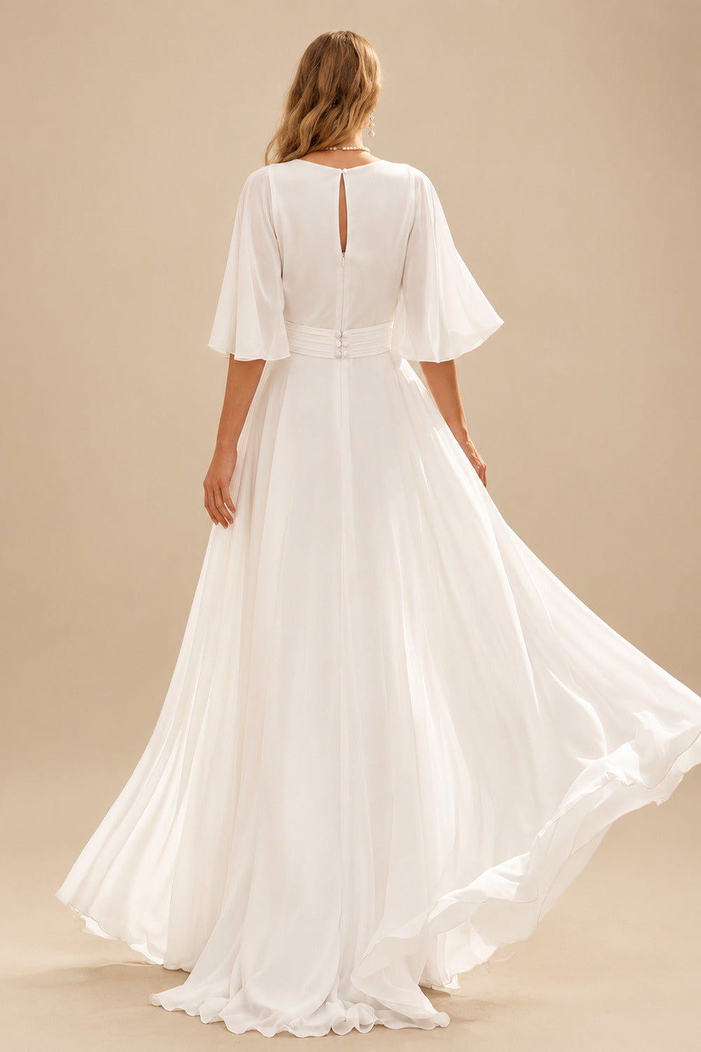 Rutipo Ivory Modest Jumpsuit V-Neck Flutter Sleeve Chiffon Wedding Dresses