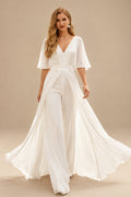 Rutipo Ivory Modest Jumpsuit V-Neck Flutter Sleeve Chiffon Wedding Dresses