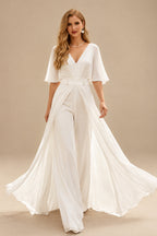 Rutipo Ivory Modest Jumpsuit V-Neck Flutter Sleeve Chiffon Wedding Dresses