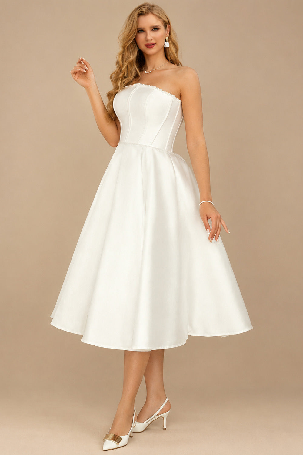 Rutipo Ivory Classic A-Line Little White Dress Satin Wedding Dresses With Beading