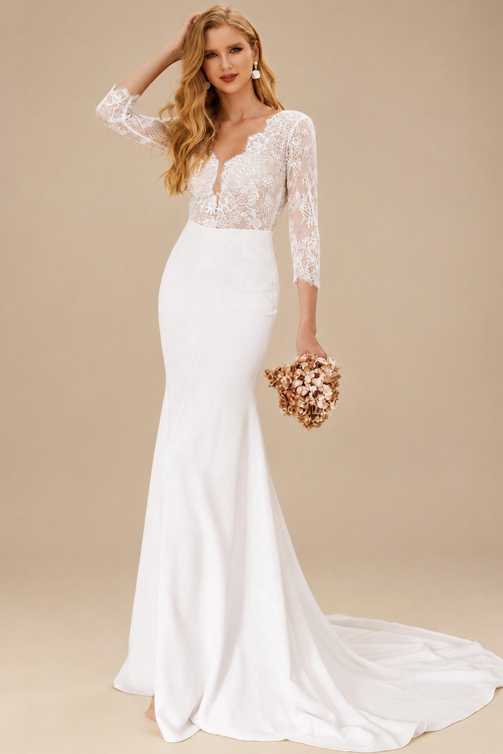 Rutipo Ivory Free-Spirited Plunge Neck Lace Wedding Dresses With Split Front