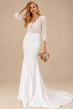 Rutipo Ivory Free-Spirited Plunge Neck Lace Wedding Dresses With Split Front