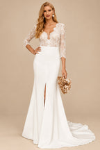 Rutipo Ivory Free-Spirited Plunge Neck Lace Wedding Dresses With Split Front