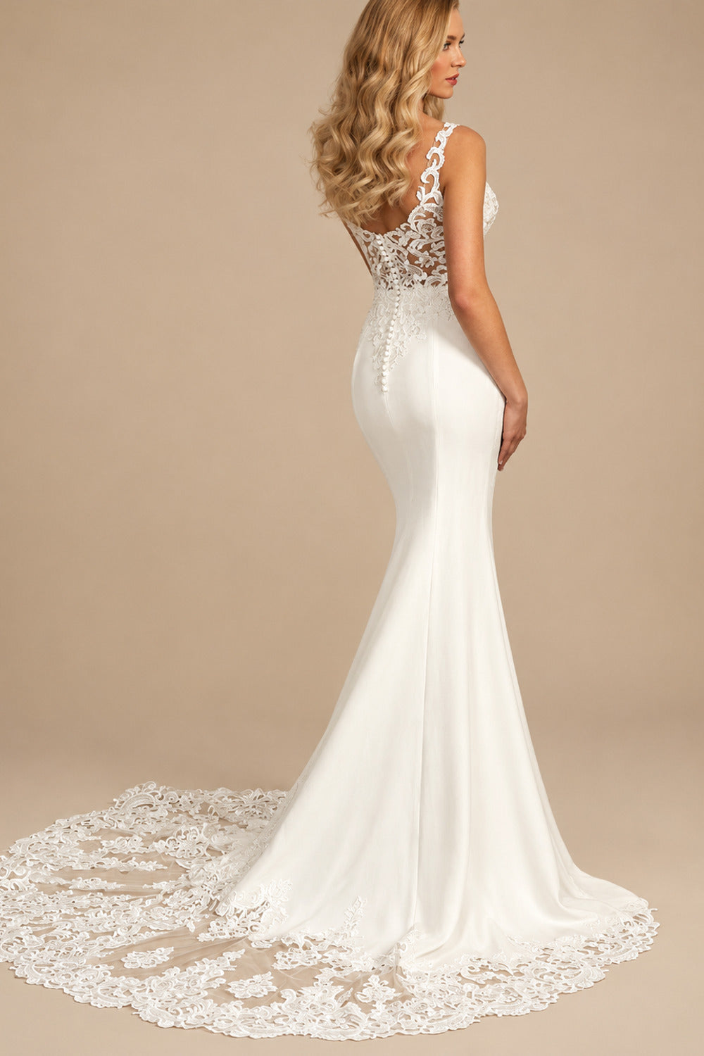 Rutipo Ivory Classic Trumpet V-Neck Sleeveless Outcut Wedding Dresses With Lace