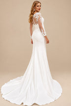 Rutipo Ivory Modest Trumpet V-Neck Semi Sheer LIlusion Long Sleeves Wedding Dresses