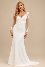 Rutipo Ivory Modest Trumpet V-Neck Semi Sheer LIlusion Long Sleeves Wedding Dresses