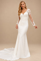 Rutipo Ivory Modest Trumpet V-Neck Semi Sheer LIlusion Long Sleeves Wedding Dresses