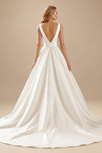 Rutipo Ivory Minimalistic Ball-Gown Plunge Neck Sleeveless Satin Wedding Dresses With Low Back