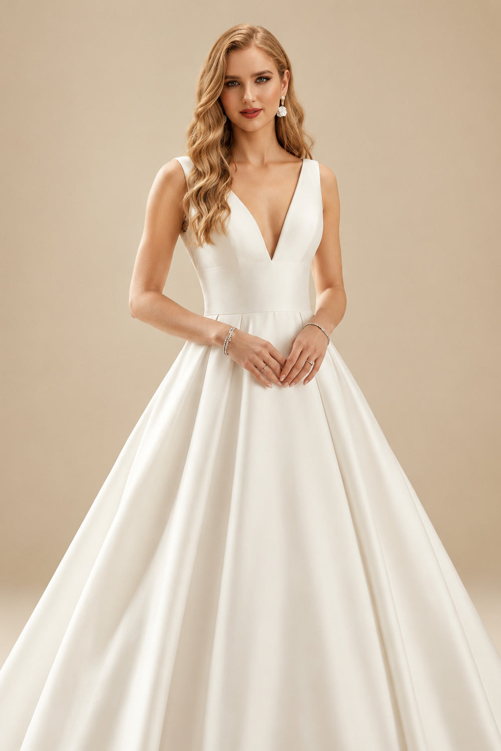 Rutipo Ivory Minimalistic Ball-Gown Plunge Neck Sleeveless Satin Wedding Dresses With Low Back