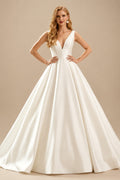 Rutipo Ivory Minimalistic Ball-Gown Plunge Neck Sleeveless Satin Wedding Dresses With Low Back