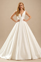 Rutipo Ivory Minimalistic Ball-Gown Plunge Neck Sleeveless Satin Wedding Dresses With Low Back