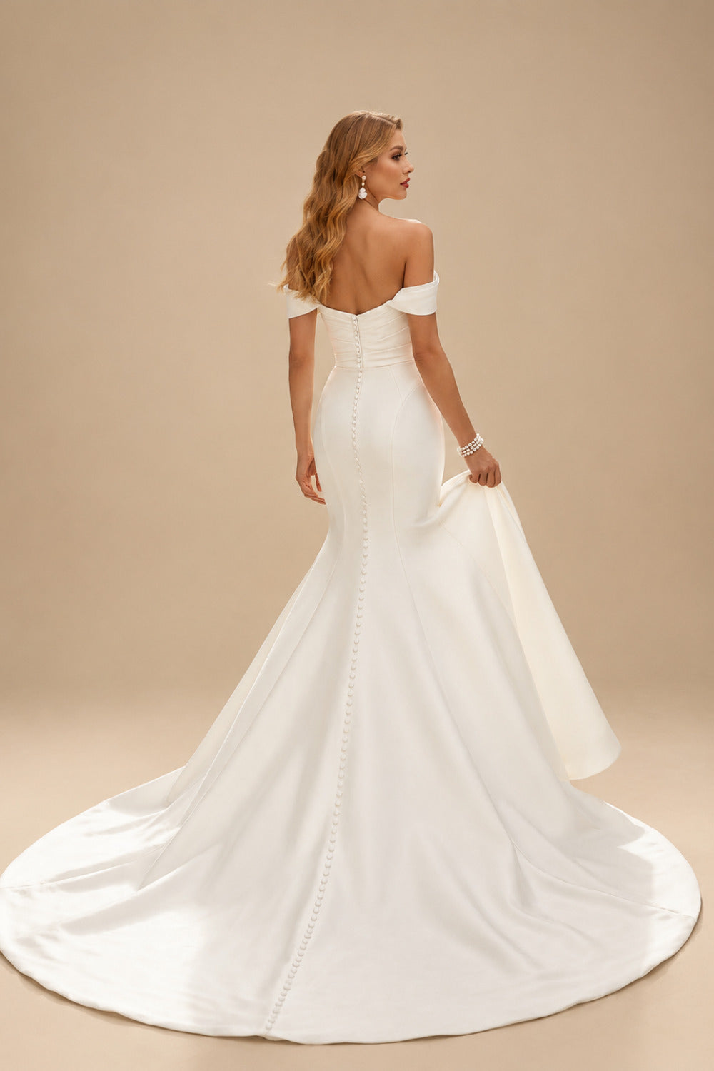 Rutipo Ivory Whimsical Trumpet Off-The-Shoulder Sleeveless Satin Wedding Dresses With Buttons Down The Back