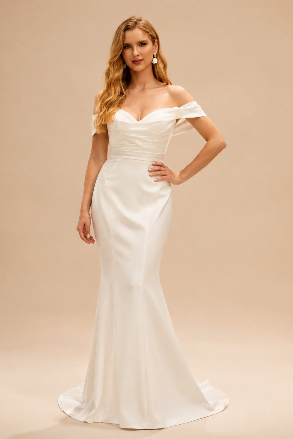 Rutipo Ivory Whimsical Trumpet Off-The-Shoulder Sleeveless Satin Wedding Dresses With Buttons Down The Back