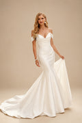 Rutipo Ivory Whimsical Trumpet Off-The-Shoulder Sleeveless Satin Wedding Dresses With Buttons Down The Back