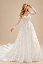Rutipo Ivory Luxury Ball-Gown V-Neck Long Sleeves Tulle Wedding Dresses With Appliques Lace