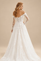 Rutipo Ivory Luxury Ball-Gown V-Neck Long Sleeves Tulle Wedding Dresses With Appliques Lace