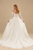 Rutipo Ivory Luxury Ball-Gown V-Neck Long Sleeves Tulle Wedding Dresses With Appliques Lace