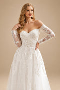 Rutipo Ivory Luxury Ball-Gown V-Neck Long Sleeves Tulle Wedding Dresses With Appliques Lace