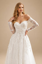 Rutipo Ivory Luxury Ball-Gown V-Neck Long Sleeves Tulle Wedding Dresses With Appliques Lace