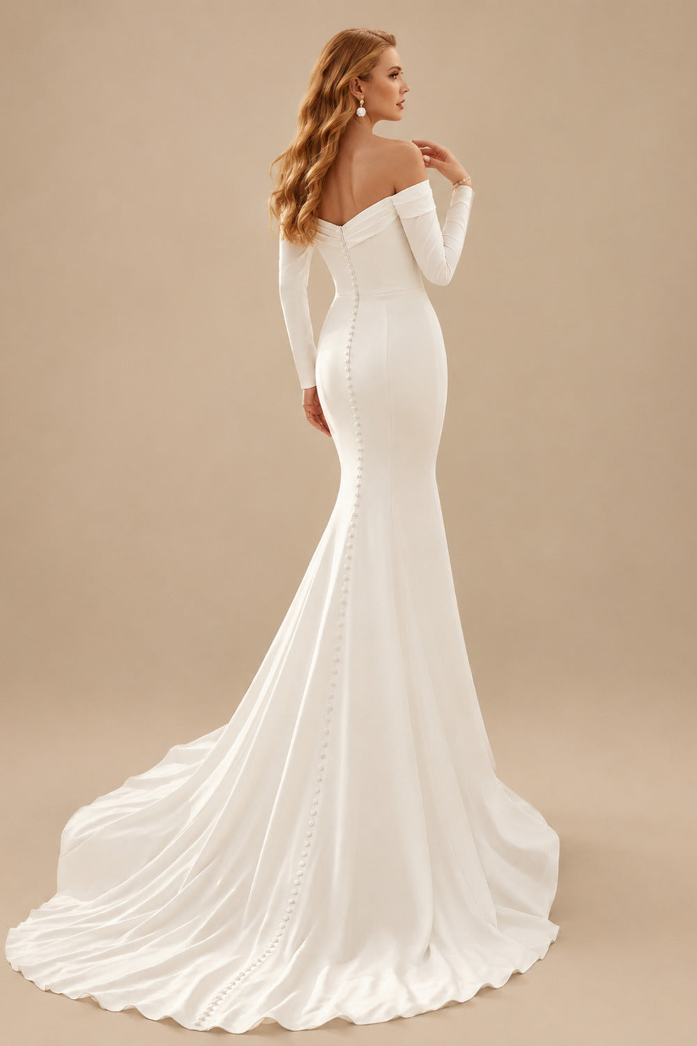 Rutipo Ivory Elegant Trumpet Off-The-Shoulder Long Sleeves Wedding Dresses With Buttons Down The Back