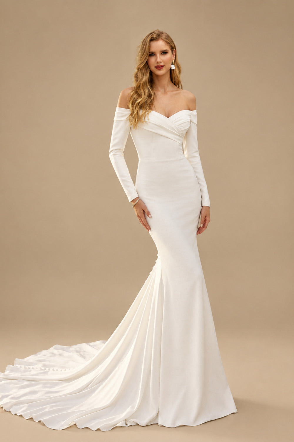 Rutipo Ivory Elegant Trumpet Off-The-Shoulder Long Sleeves Wedding Dresses With Buttons Down The Back