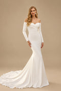 Rutipo Ivory Elegant Trumpet Off-The-Shoulder Long Sleeves Wedding Dresses With Buttons Down The Back