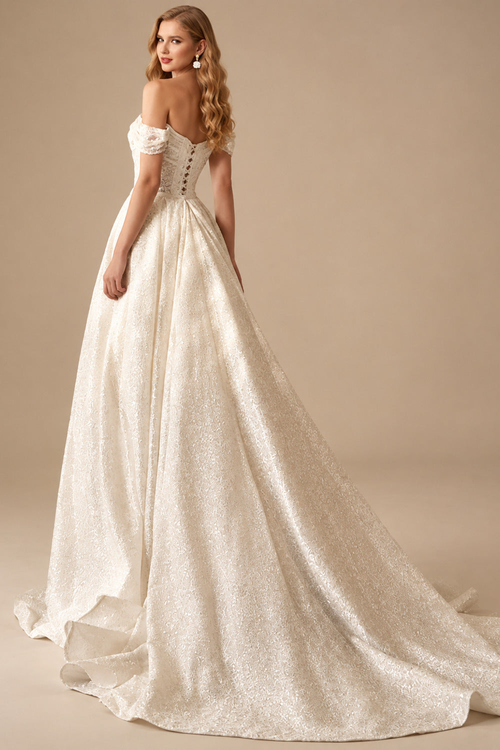Rutipo Ivory Sparkle Off-The-Shoulder Sequined Wedding Dresses With Detachable Skirt