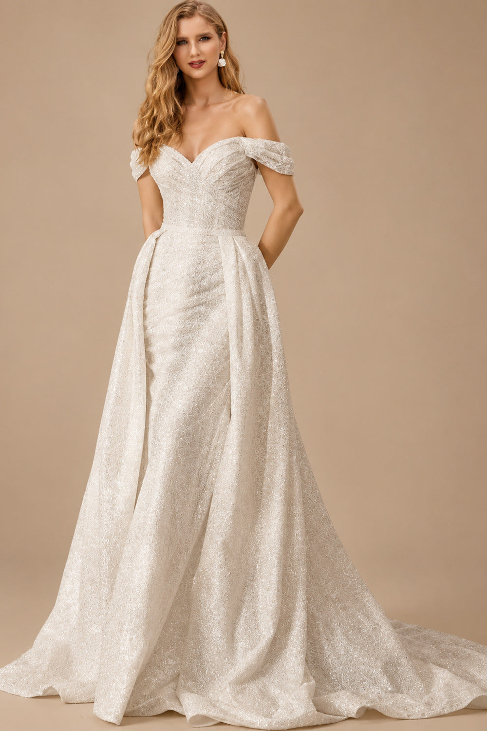 Rutipo Ivory Sparkle Off-The-Shoulder Sequined Wedding Dresses With Detachable Skirt