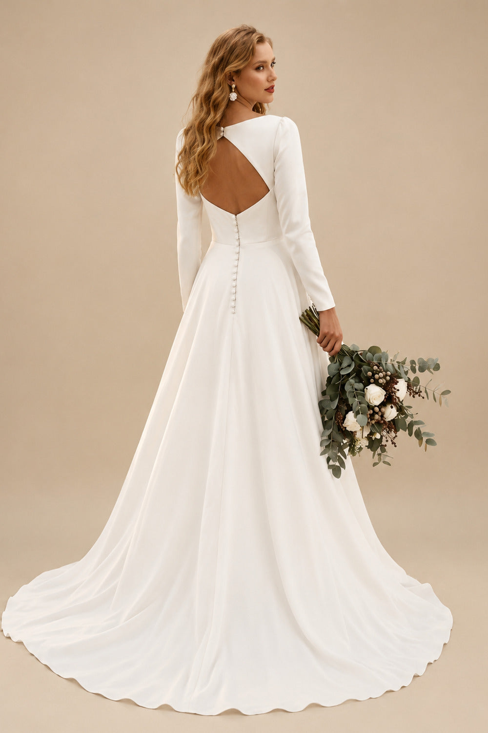 Rutipo Ivory Elegant A-Line Square Neckline Long Sleeves Wedding Dresses With Outcut On Back