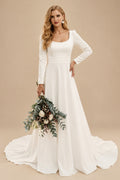 Rutipo Ivory Elegant A-Line Square Neckline Long Sleeves Wedding Dresses With Outcut On Back