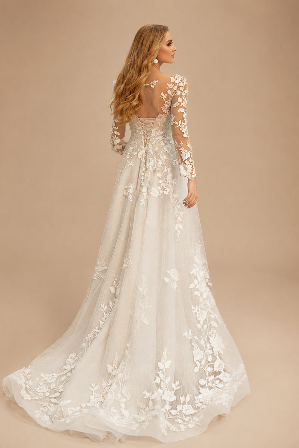 Rutipo As Picture Sparkle A-Line V-Neck Long Sleeves Sweep Train Lace/Tulle Wedding Dresses