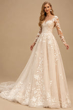 Rutipo As Picture Sparkle A-Line V-Neck Long Sleeves Sweep Train Lace/Tulle Wedding Dresses