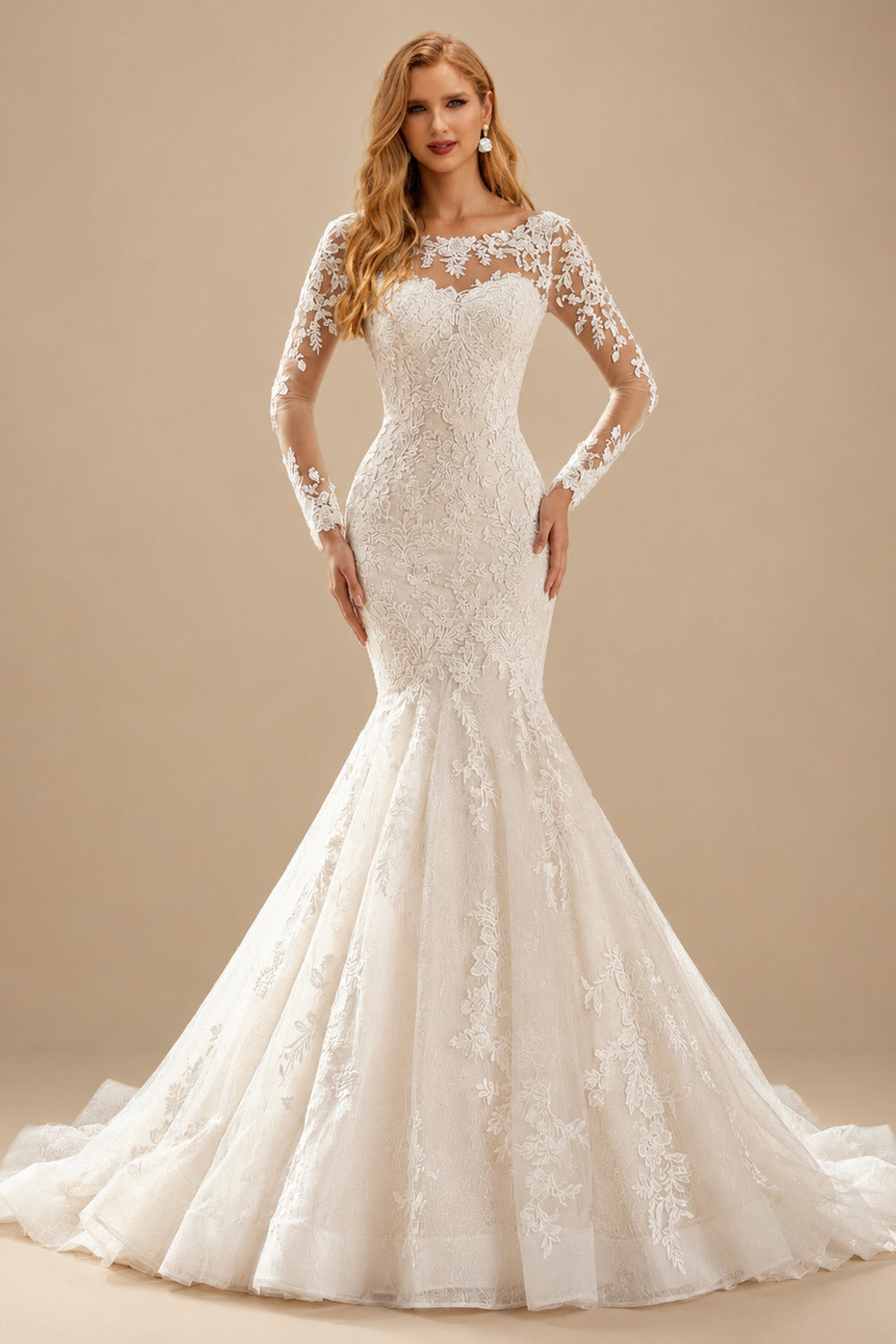 Rutipo As Picture Unique Illusion Neck Long Sleeves Mermaid Court Train Lace/Tulle Wedding Dresses