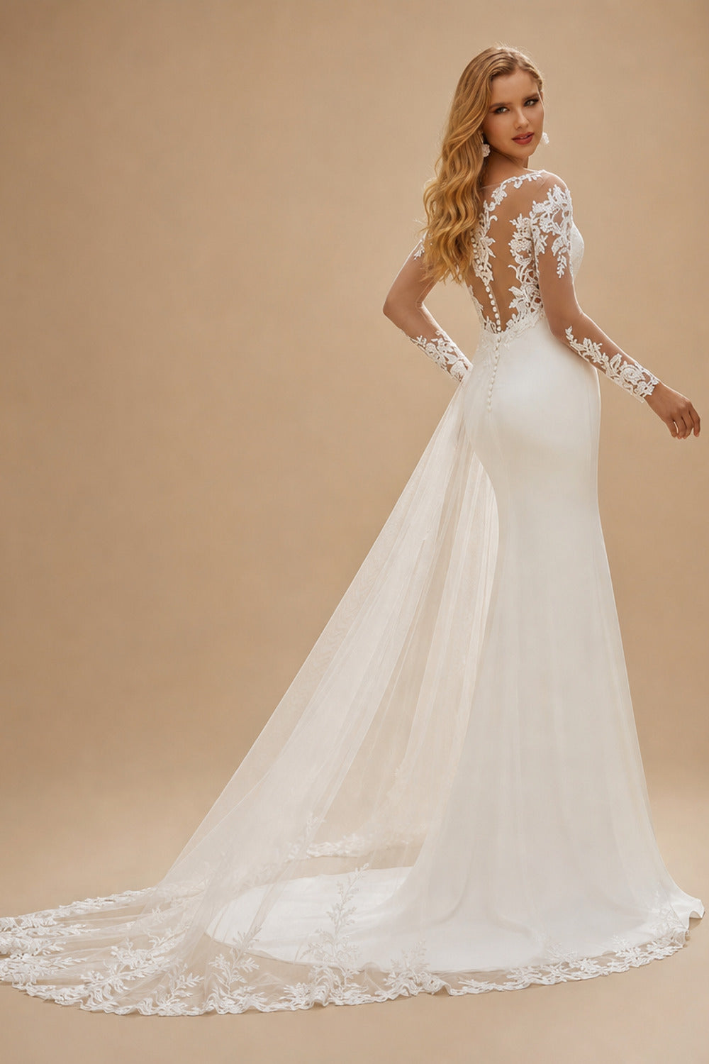 Rutipo Ivory Elegant V-Neck Long Sleeves Detachable /Elastic Satin Wedding Dresses With Appliques Lace