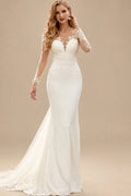 Rutipo Ivory Elegant V-Neck Long Sleeves Detachable /Elastic Satin Wedding Dresses With Appliques Lace