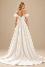 Rutipo Ivory Elegant Flower(s) Off-The-Shoulder Ball-Gown Court Train Matte Satin Wedding Dresses