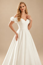 Rutipo Ivory Elegant Flower(s) Off-The-Shoulder Ball-Gown Court Train Matte Satin Wedding Dresses