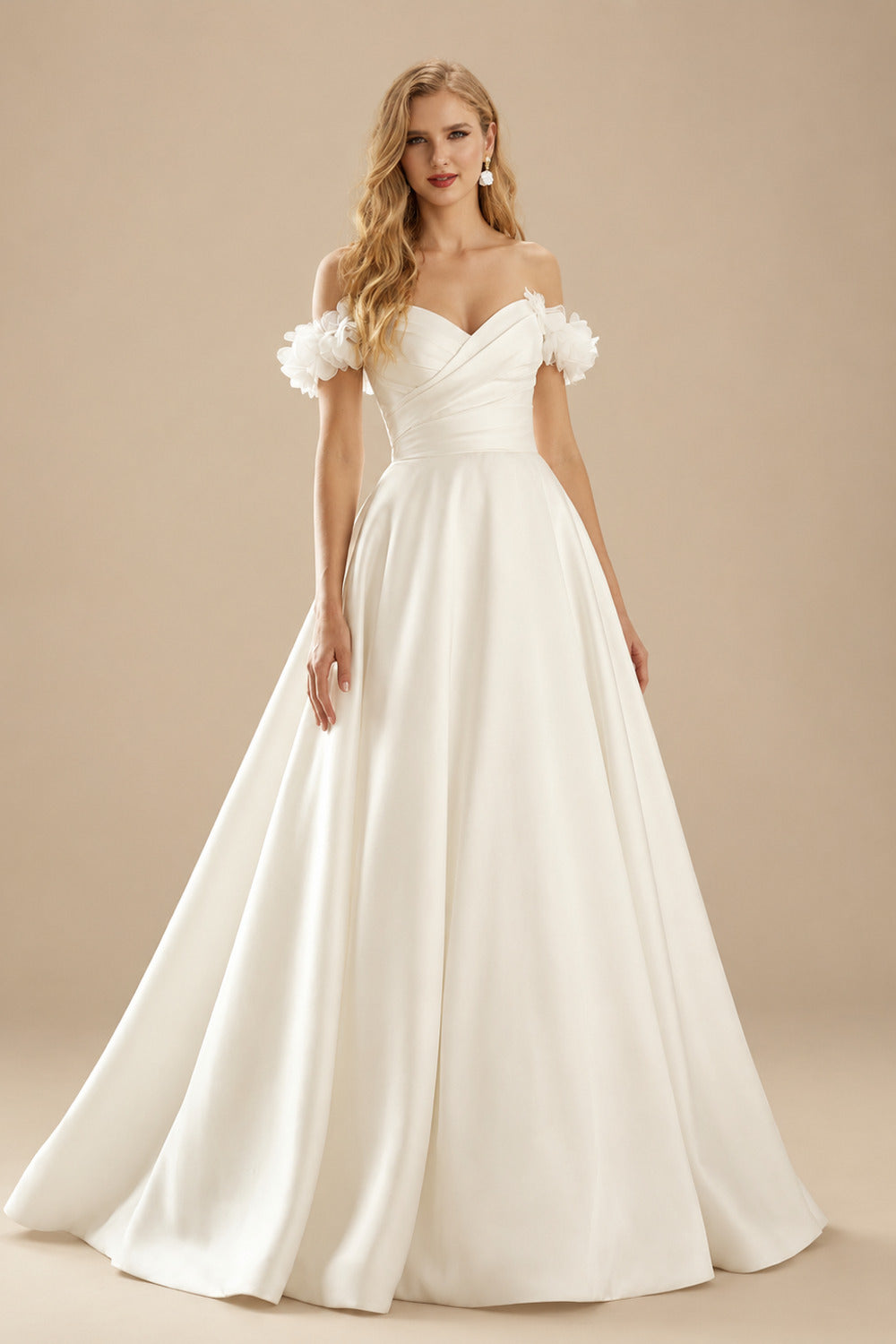 Rutipo Ivory Elegant Flower(s) Off-The-Shoulder Ball-Gown Court Train Matte Satin Wedding Dresses