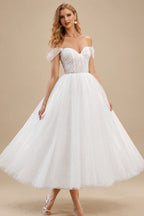 Rutipo White Classic Pleated Off-The-Shoulder A-Line Tea-Length Tulle Wedding Dresses