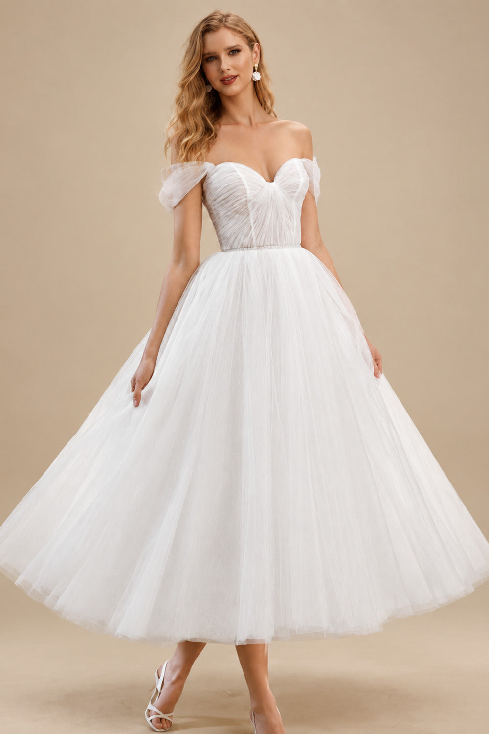 Rutipo White Classic Pleated Off-The-Shoulder A-Line Tea-Length Tulle Wedding Dresses