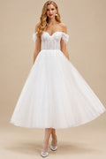 Rutipo White Classic Pleated Off-The-Shoulder A-Line Tea-Length Tulle Wedding Dresses