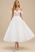 Rutipo White Classic Pleated Off-The-Shoulder A-Line Tea-Length Tulle Wedding Dresses