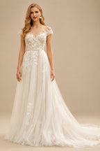 Rutipo Ivory Dreamy Illusion Neck A-Line Sweep Train Lace/Tulle Wedding Dresses