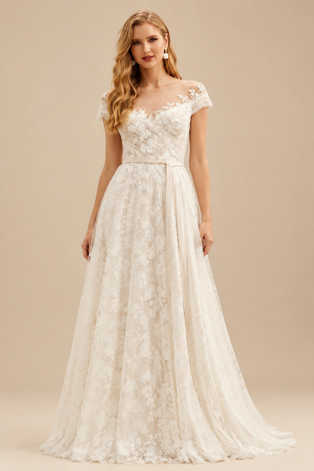 Rutipo Ivory Dreamy Illusion Neck A-Line Sweep Train Lace/Tulle Wedding Dresses