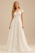 Rutipo Ivory Dreamy Illusion Neck A-Line Sweep Train Lace/Tulle Wedding Dresses